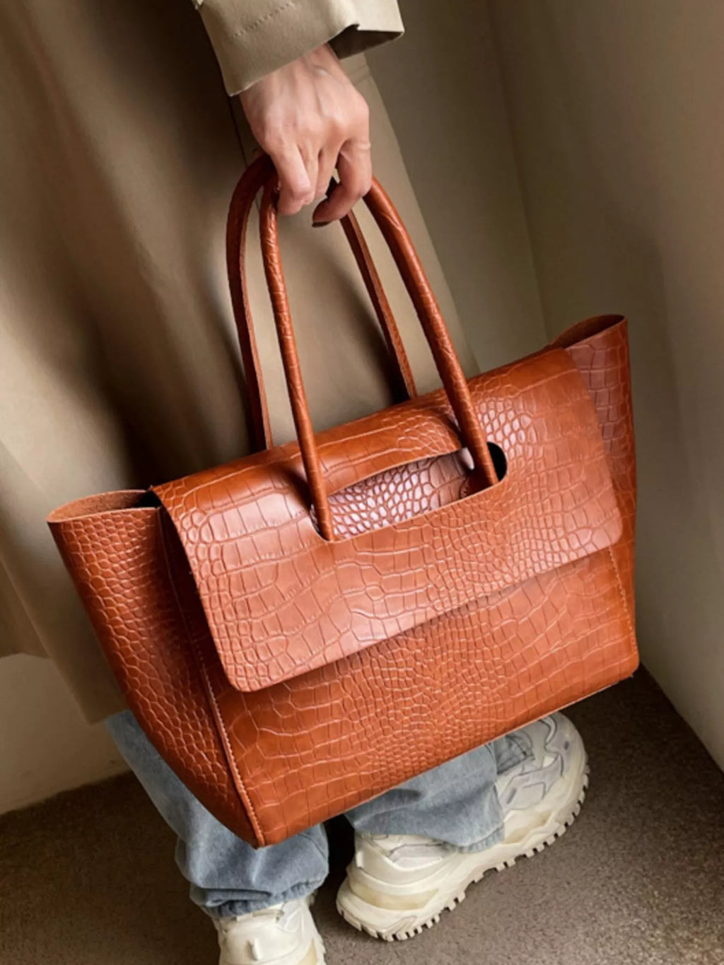 Crocodile-Embossed Shoulder Bag