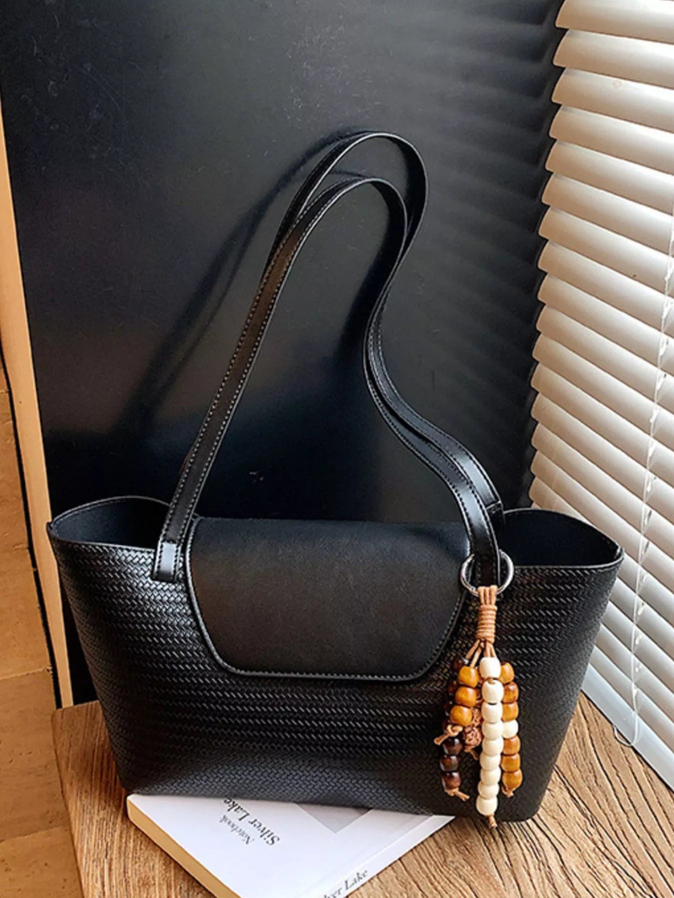 Texture Tote Bag with Beaded Charm
