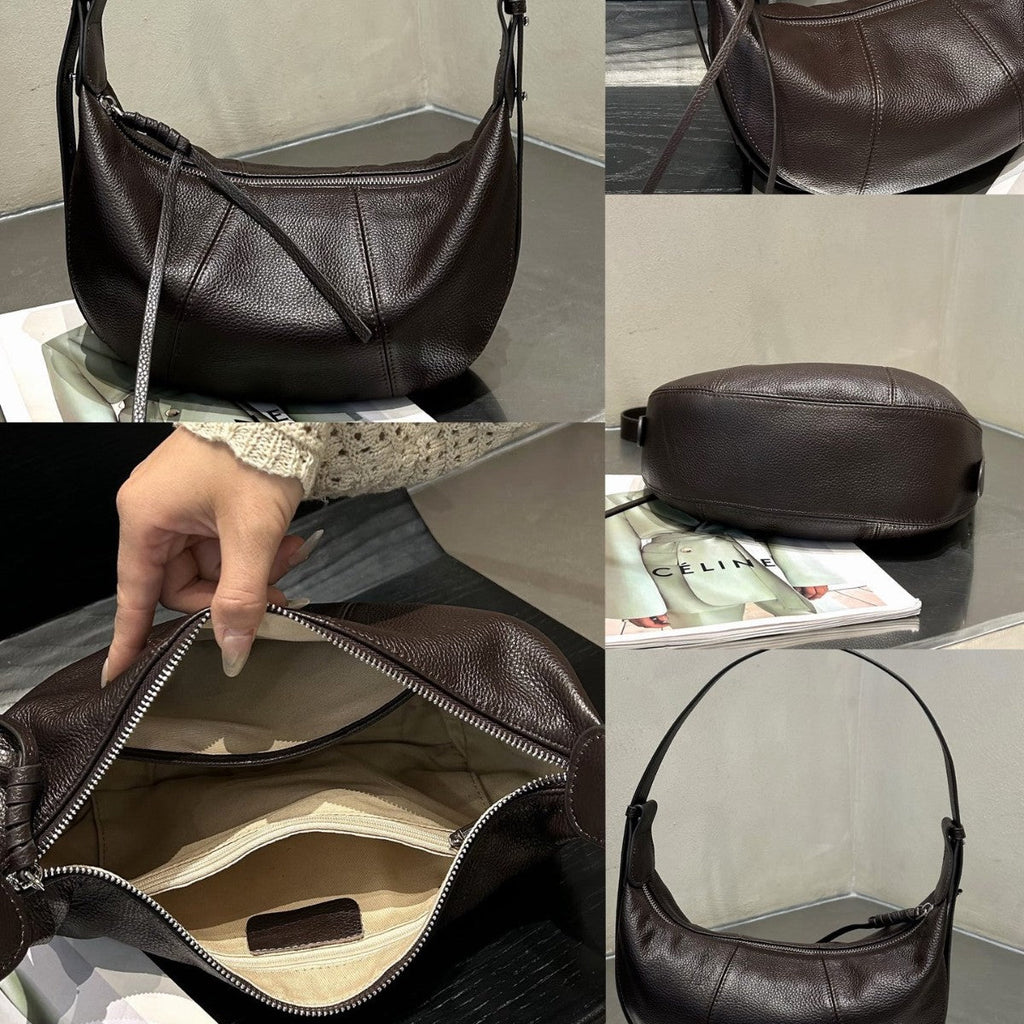 Top-grain Cowhide Crossbody Dumpling Bag, New Genuine Leather Niche Shoulder Bag, Practical For Commuting, Natural Textured Cowhide Crescent Bag