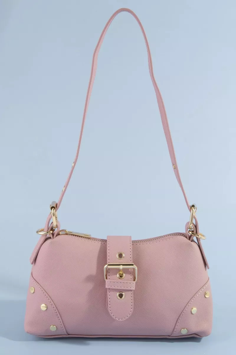 Fame Studded Saffiano Buckle Strap Shoulder Bag