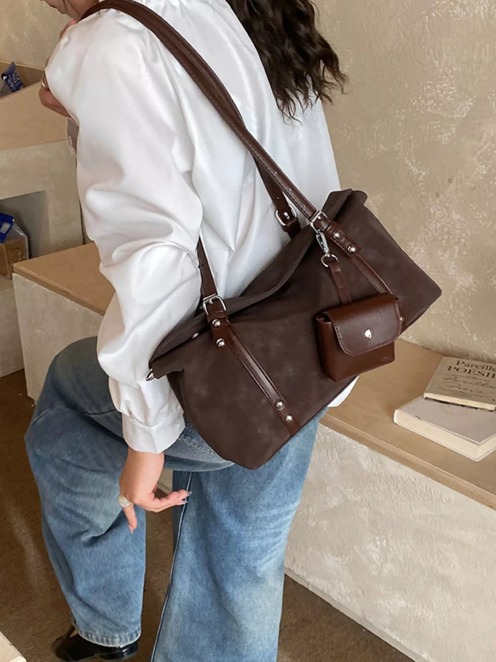 Leather Shoulder Bag with Detachable Pouch