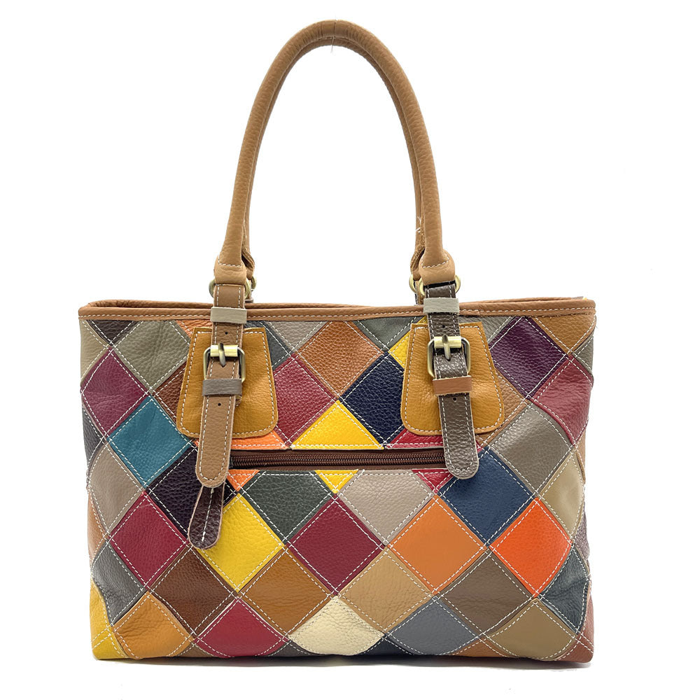 Womens Genuine Leather Casual Handbag With Hand-stitched Plum Blossom Patchwork
