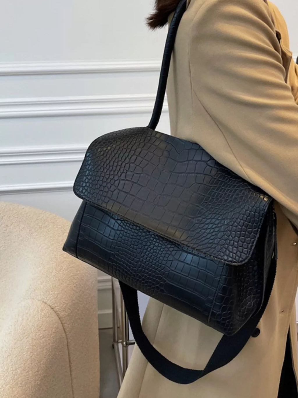 Crocodile Embossed Flap Shoulder Bag