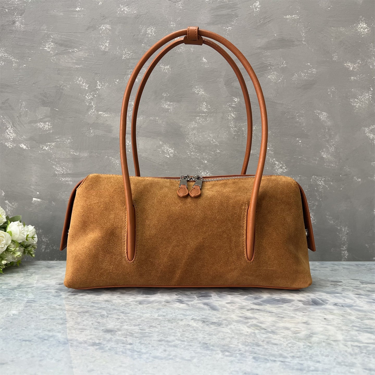 Suede Full-grain Leather Bowling-style Shoulder Bag