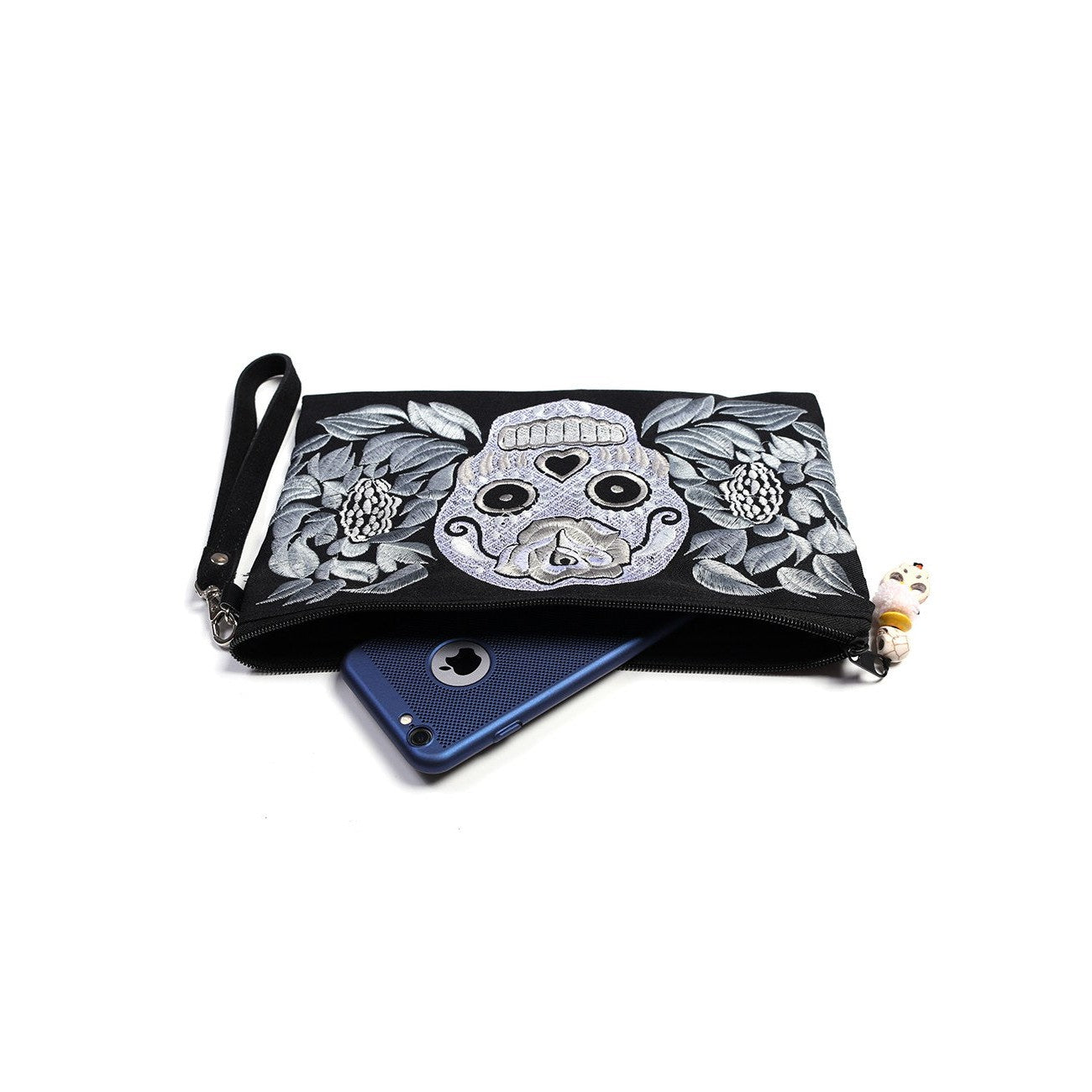Sugar Skull Embroidered Monochrome Wristlet - Thailand