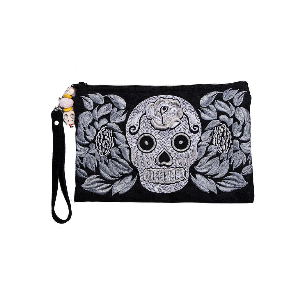 Sugar Skull Embroidered Monochrome Wristlet - Thailand