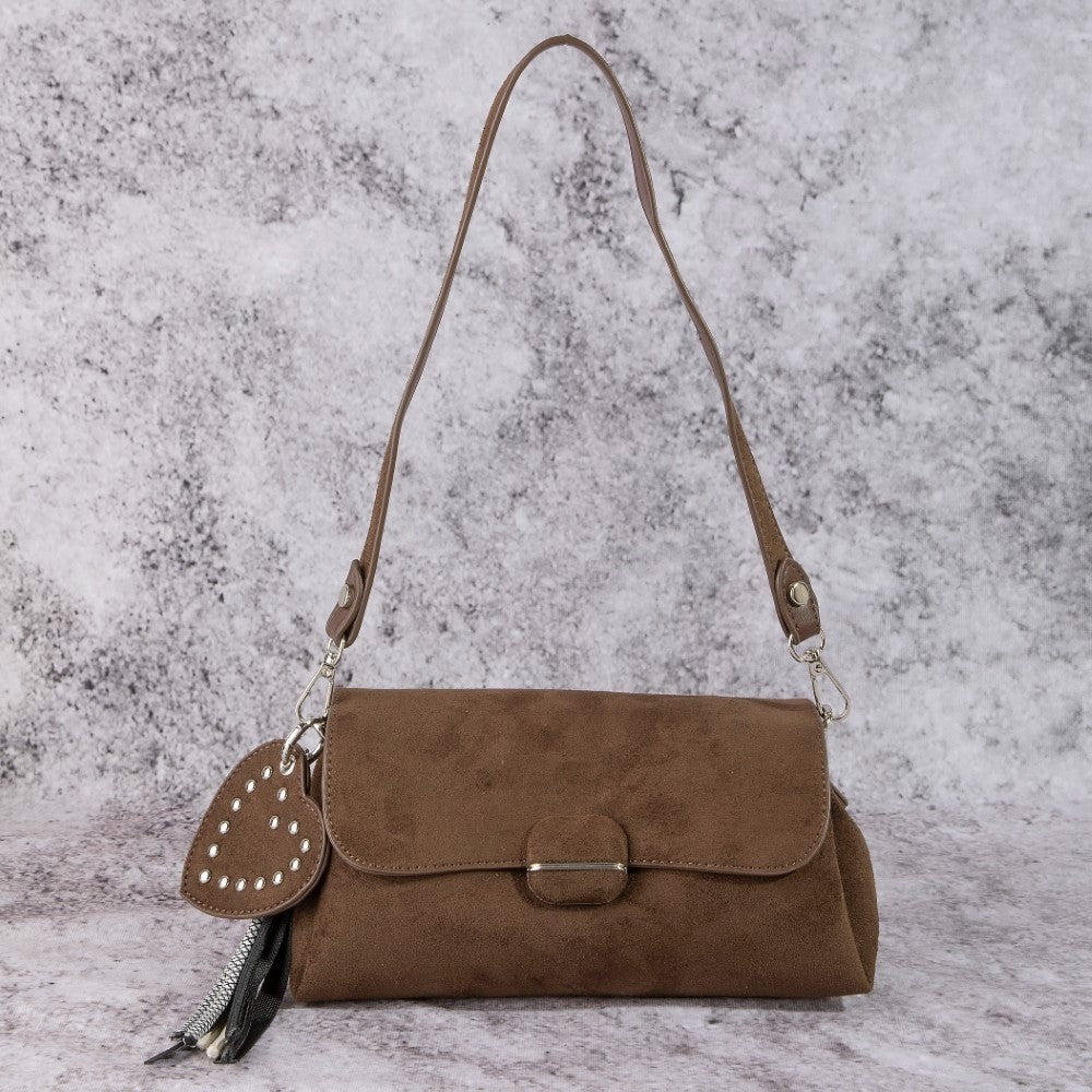 Fame Heart And Tassel Accent Suede Shoulder Bag