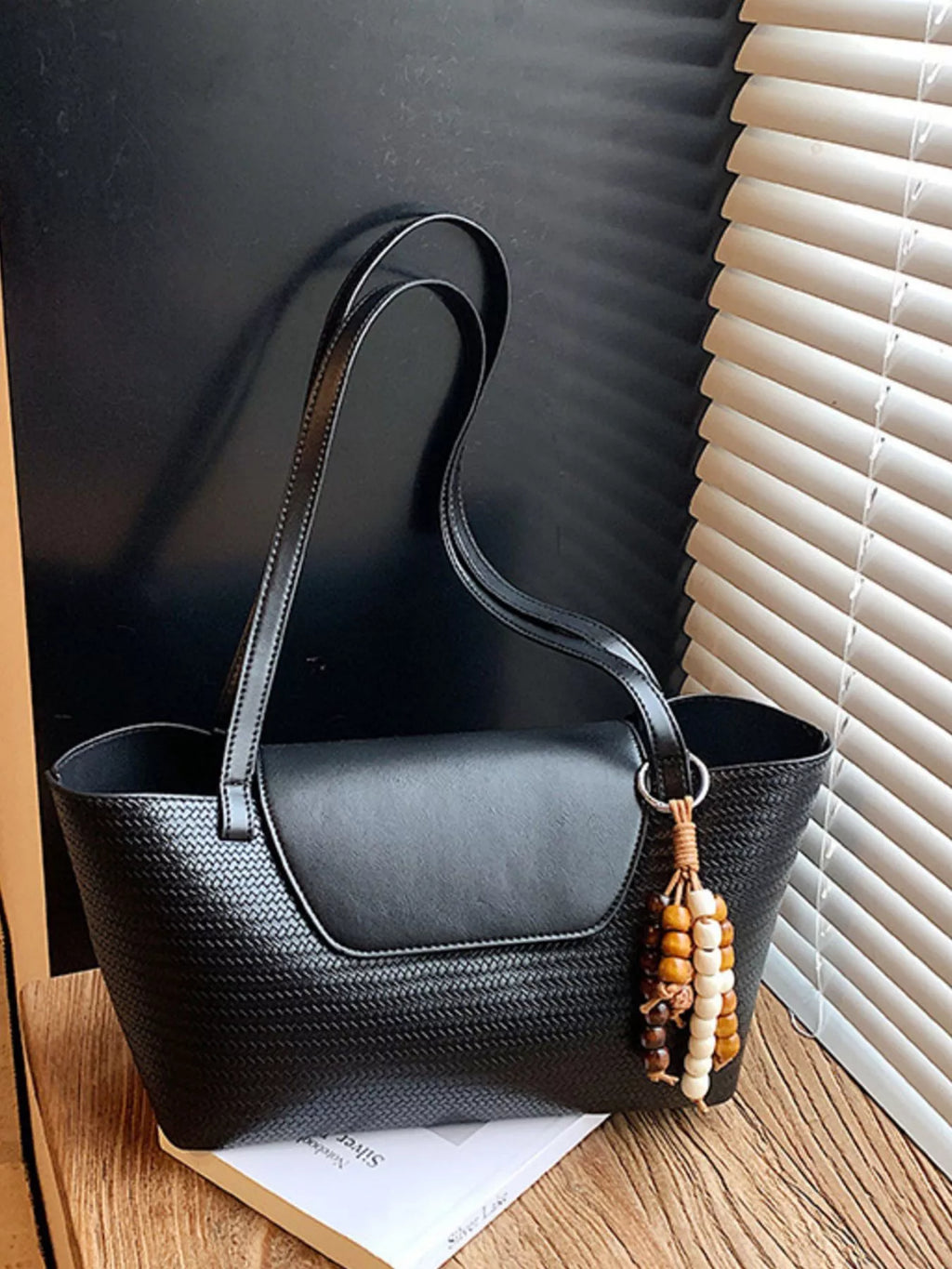 Texture Tote Bag with Beaded Charm
