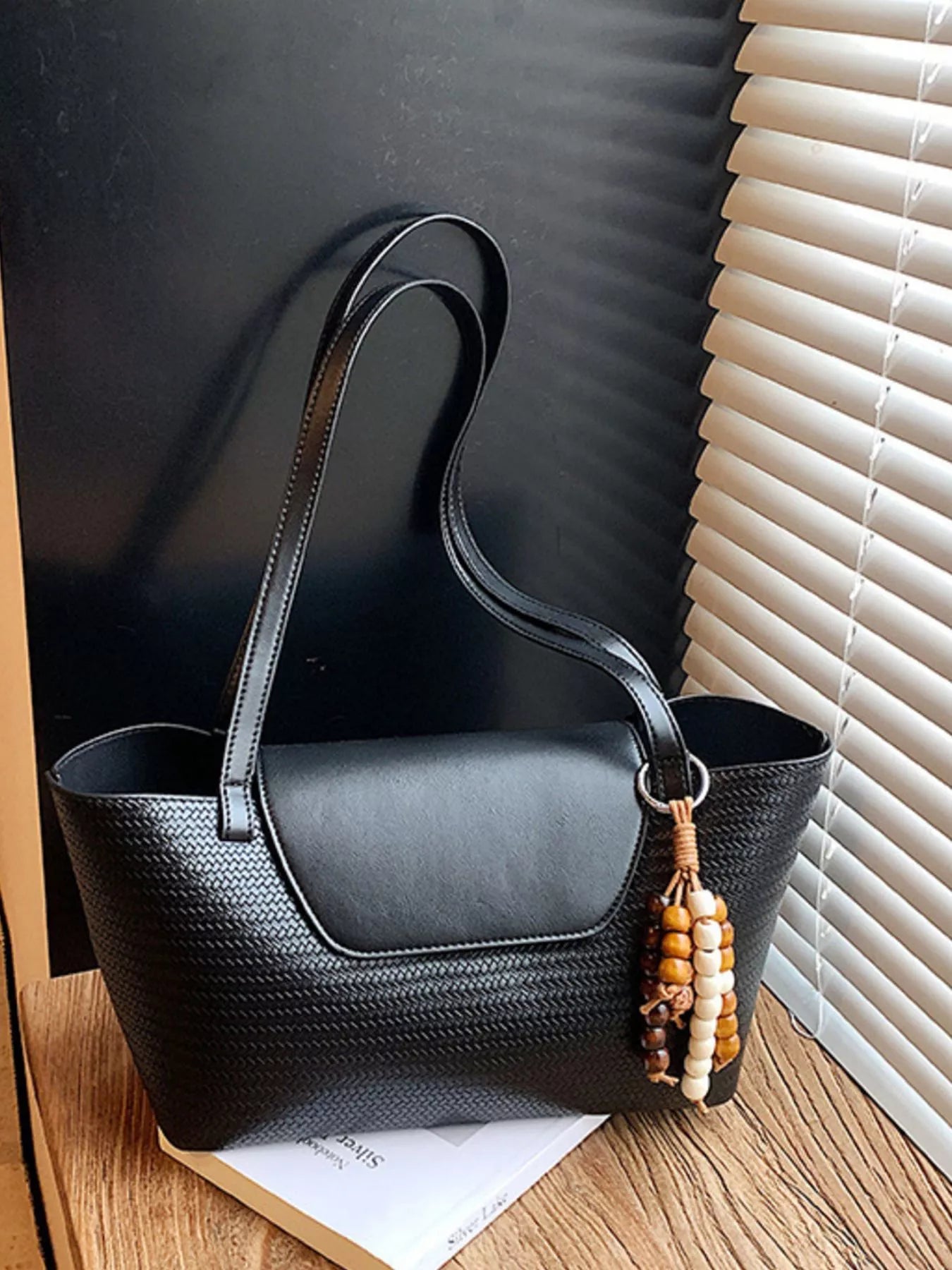 Texture Tote Bag with Beaded Charm