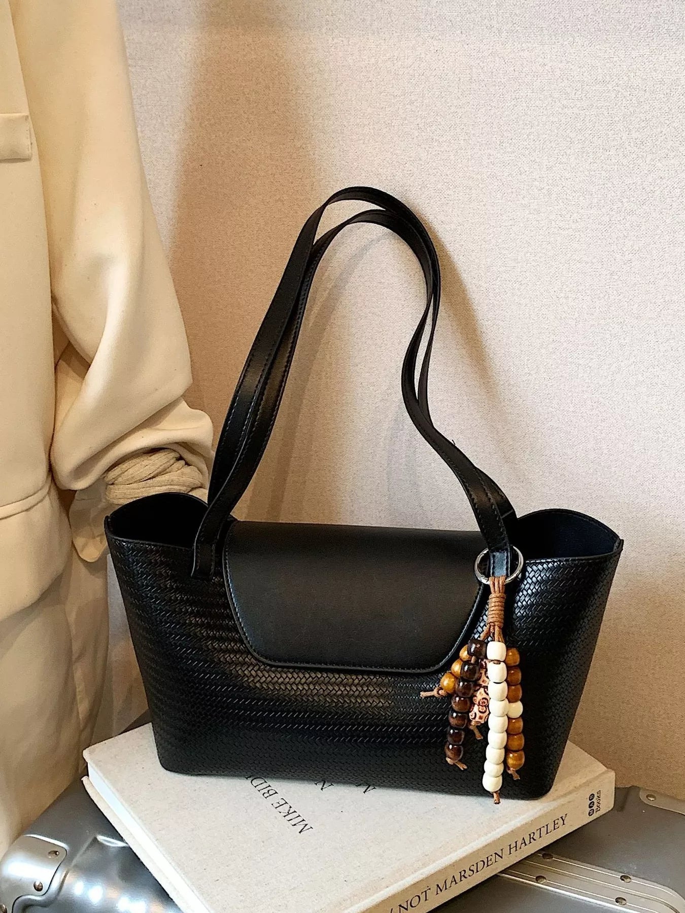 Texture Tote Bag with Beaded Charm