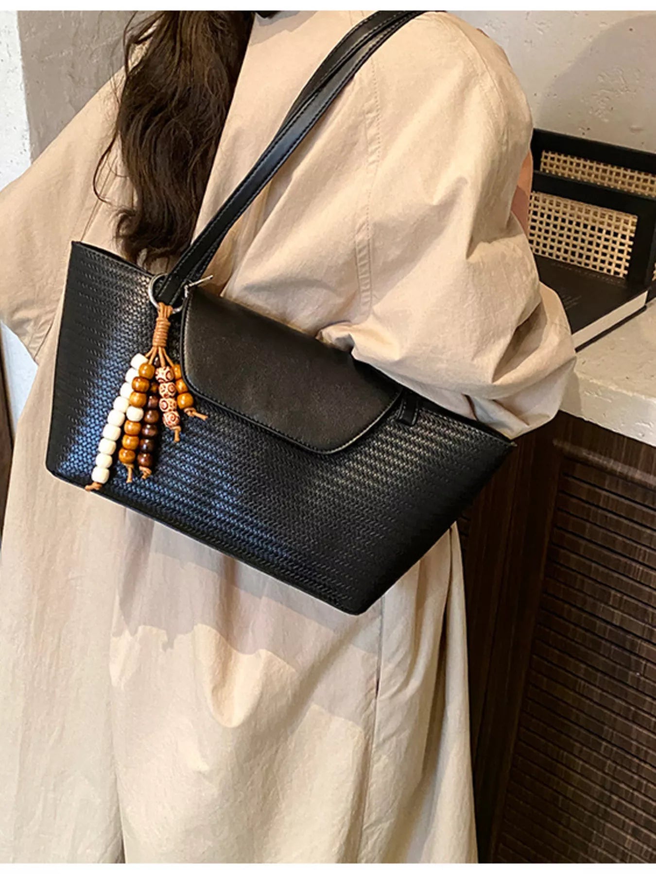 Texture Tote Bag with Beaded Charm