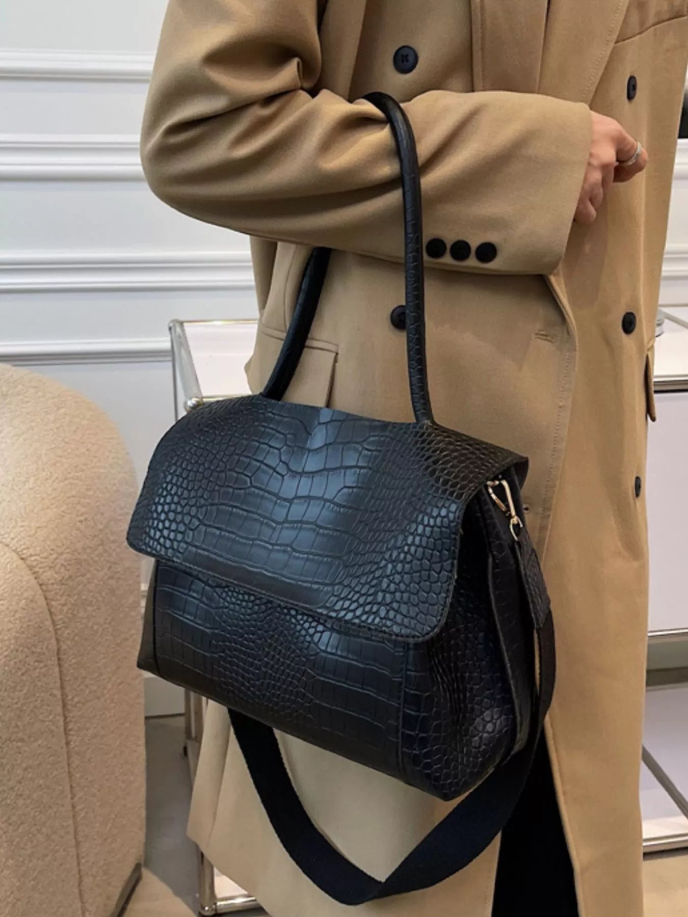 Crocodile Embossed Flap Shoulder Bag
