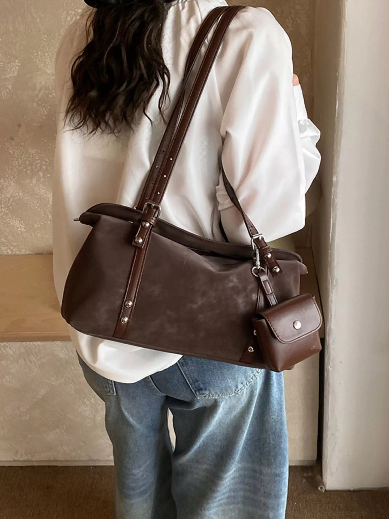 Leather Shoulder Bag with Detachable Pouch
