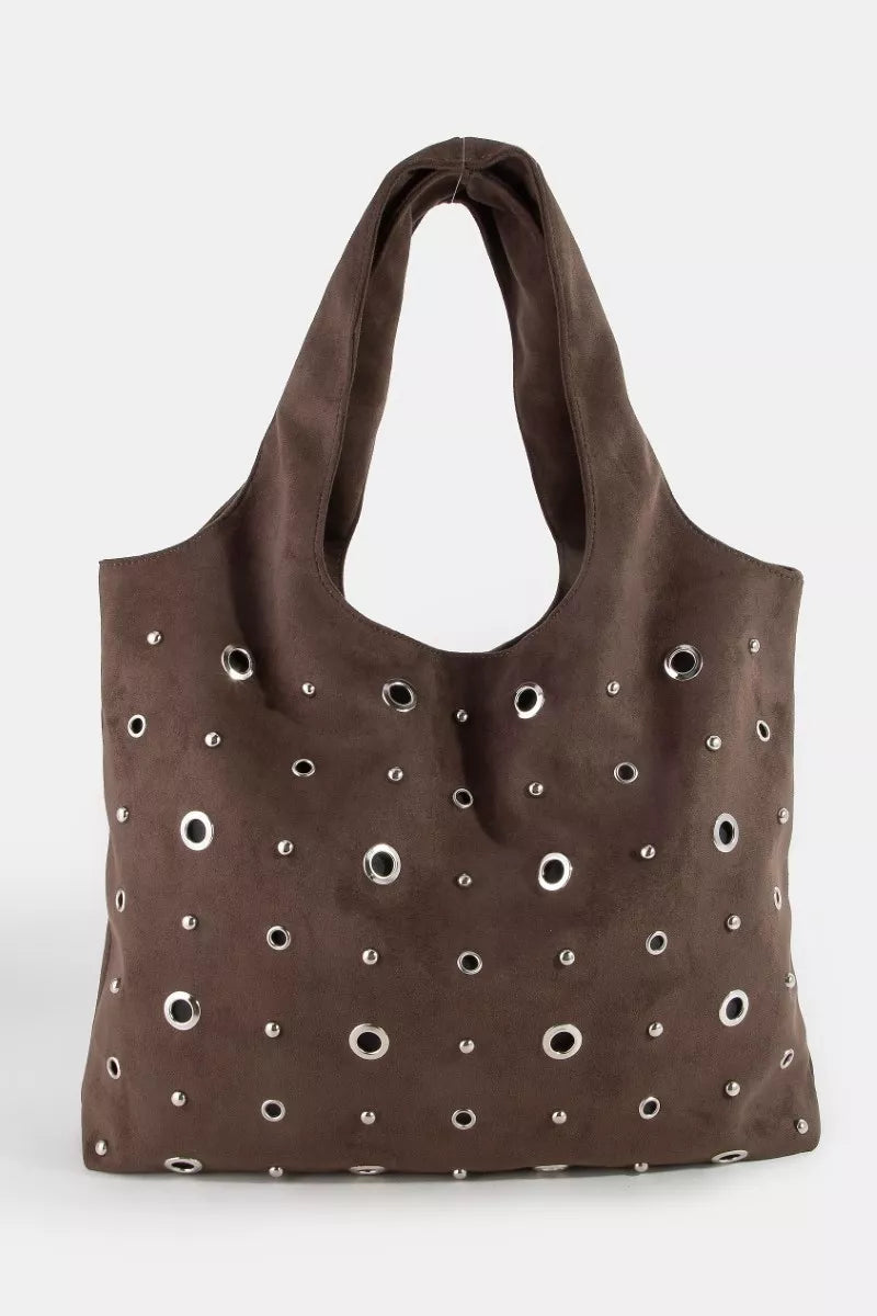 Fame Large Grommeted Suede Shoulder Bag