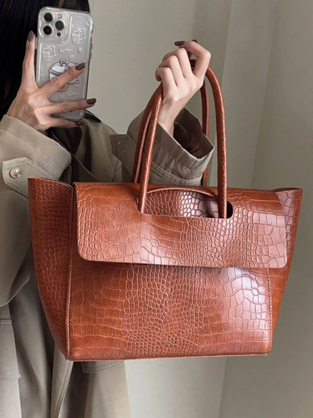 Crocodile-Embossed Shoulder Bag