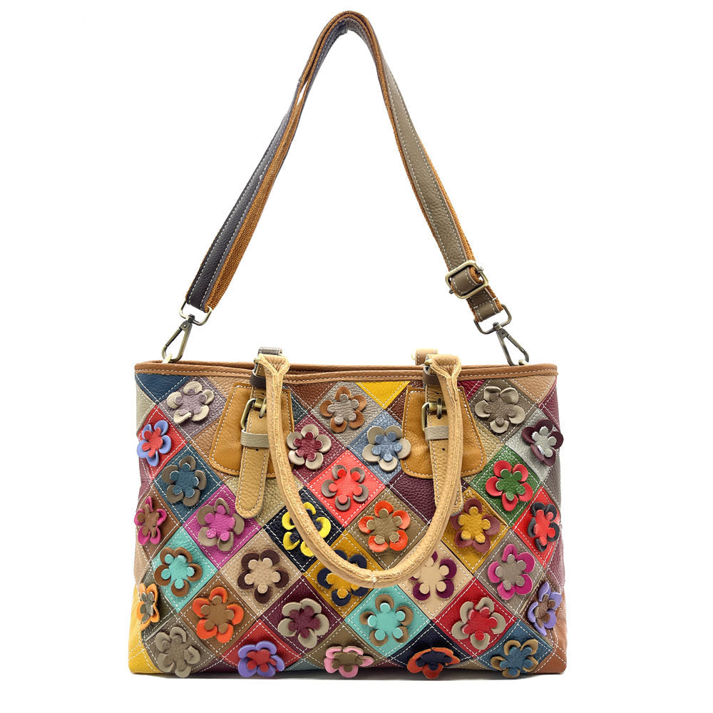 Womens Genuine Leather Casual Handbag With Hand-stitched Plum Blossom Patchwork