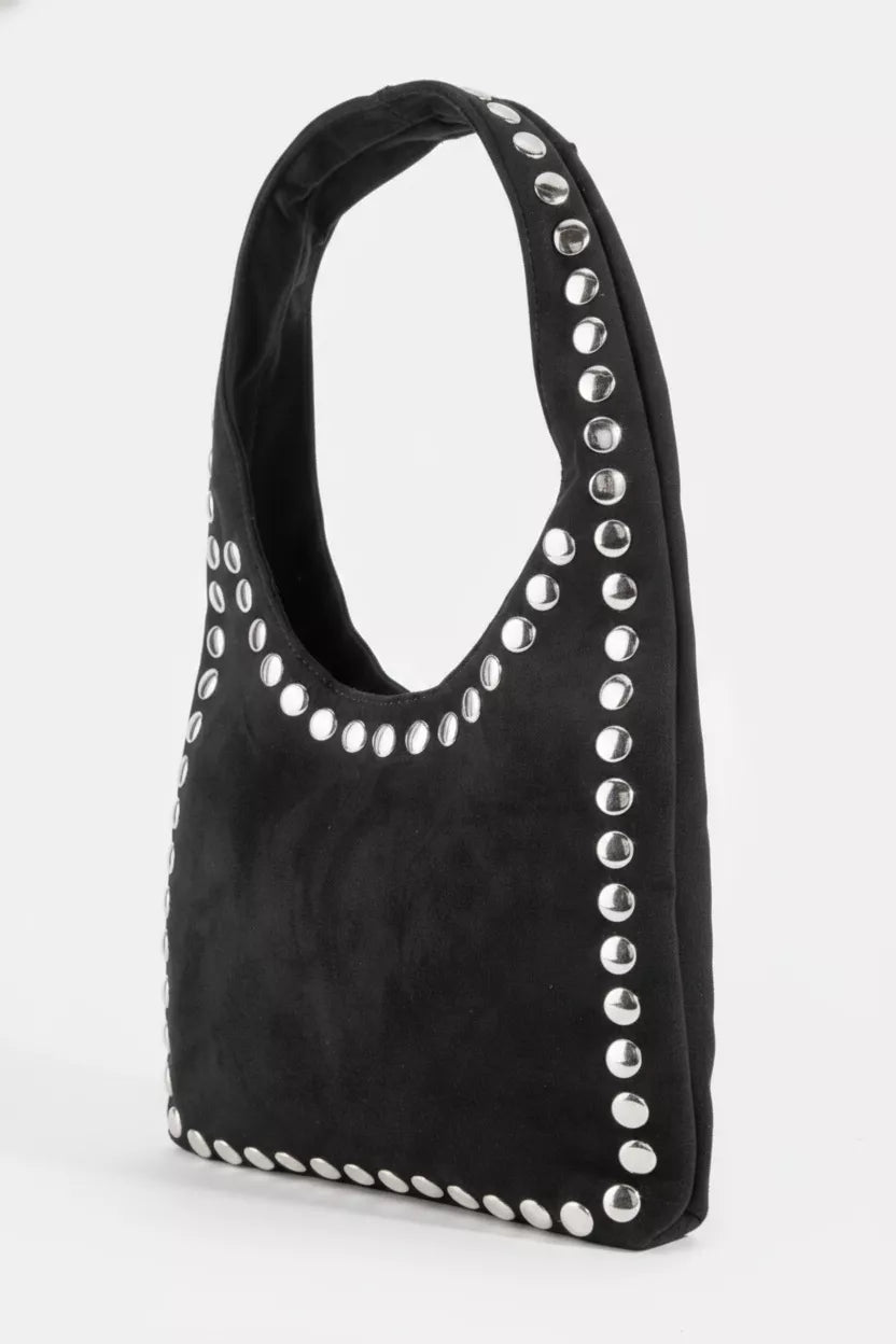 Fame Grommet Border Studded Suede Shoulder Bag
