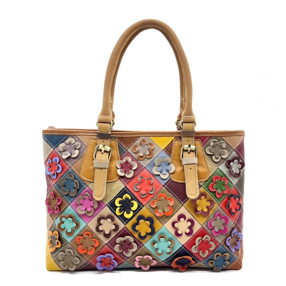 Womens Genuine Leather Casual Handbag With Hand-stitched Plum Blossom Patchwork
