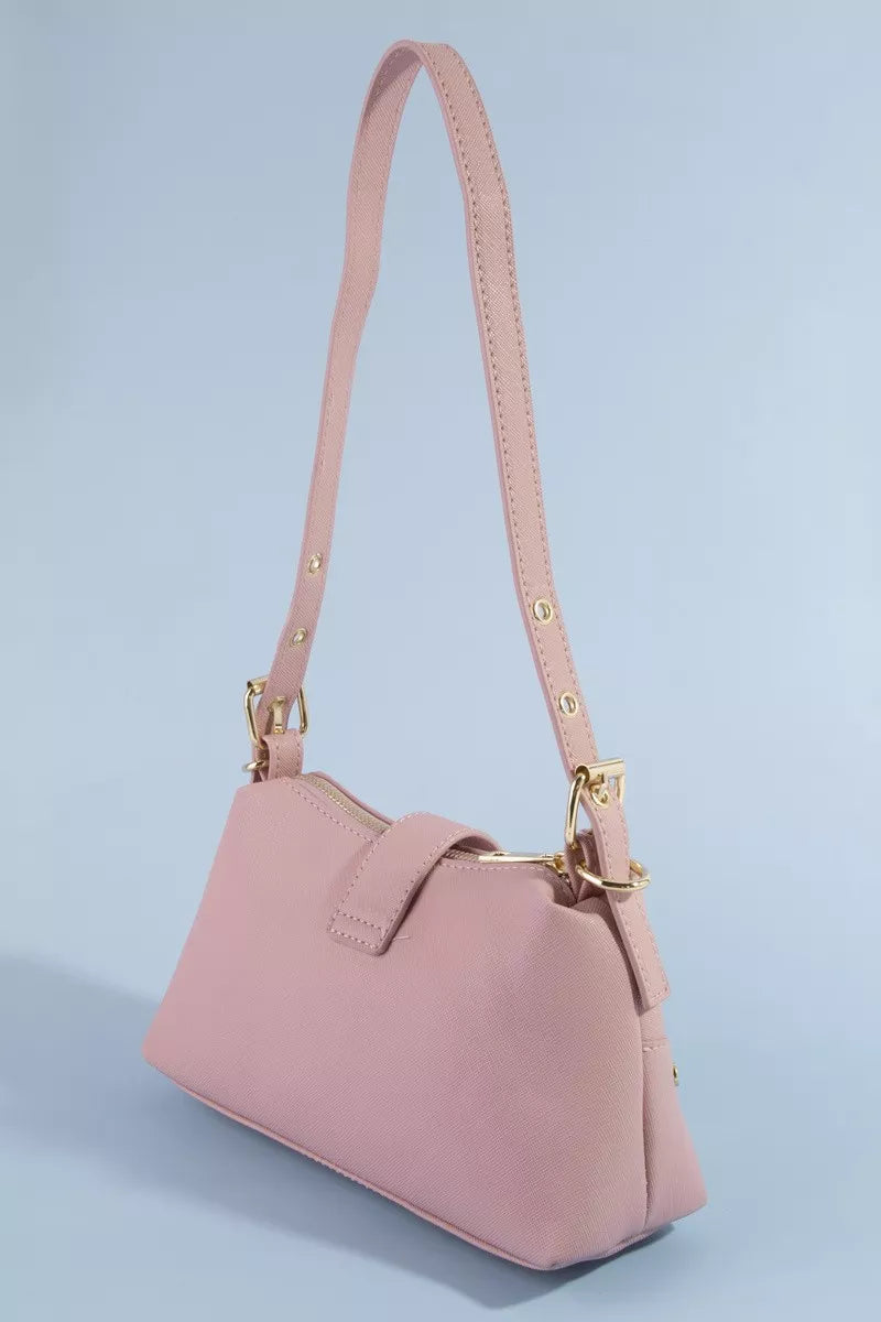 Fame Studded Saffiano Buckle Strap Shoulder Bag