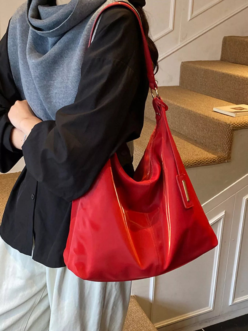 Solid Color Leather Shoulder Bag