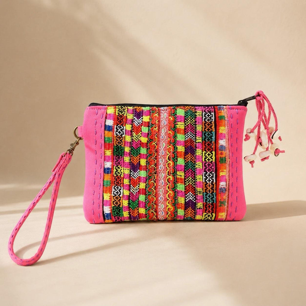 Vintage Hmong Textile Leather Wristlet Boho Embroidered Clutch Fair Trade - Thailand
