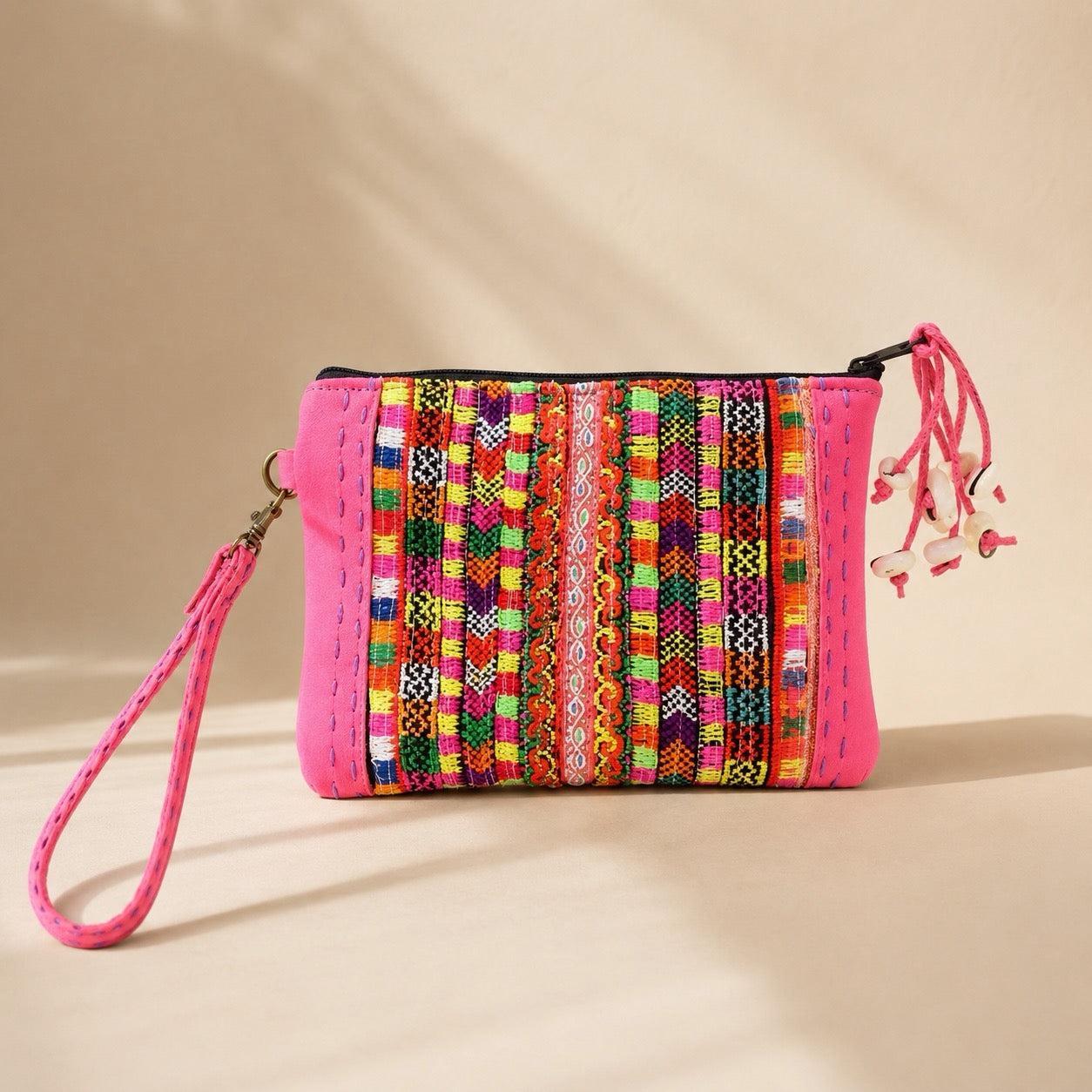 Vintage Hmong Textile Leather Wristlet Boho Embroidered Clutch Fair Trade - Thailand