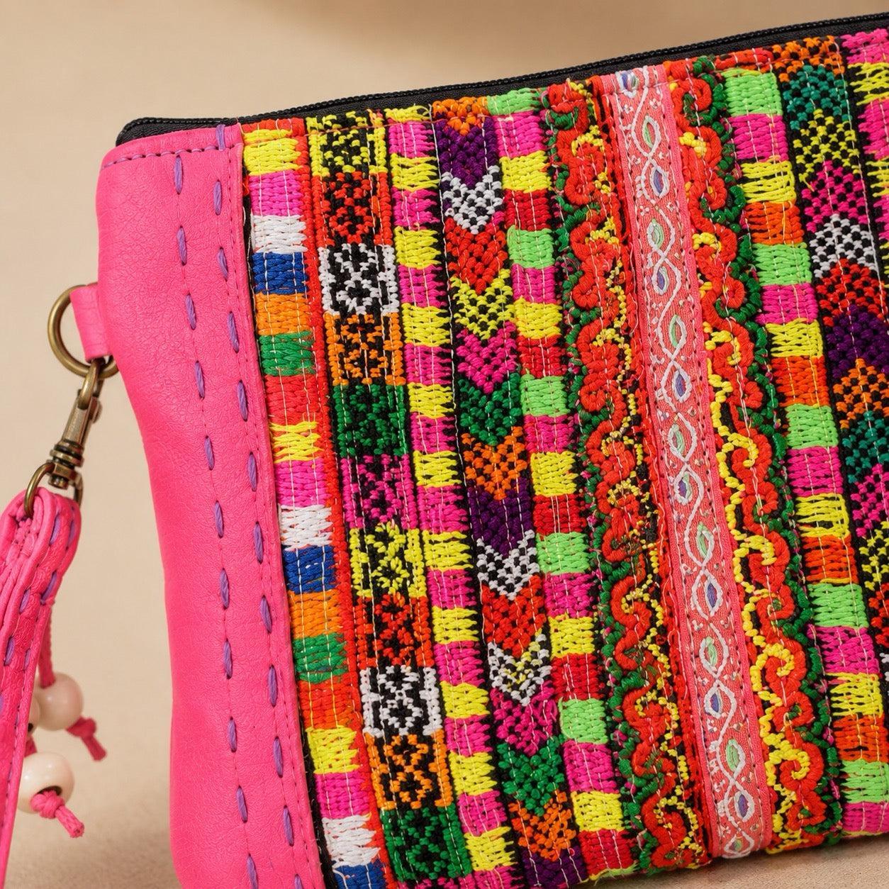 Vintage Hmong Textile Leather Wristlet Boho Embroidered Clutch Fair Trade - Thailand