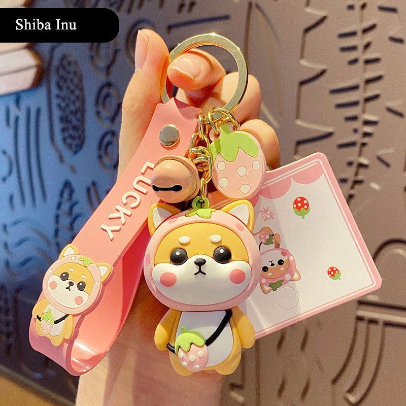 Pink Strawberry Shiba Inu Keychain, Zinc Alloy Keyring, Cute Kawaii Bag Charm, Everyday Purse Accessory Gift For Women