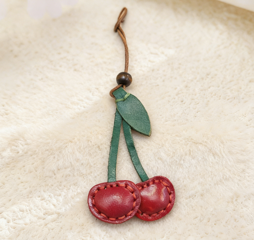 Hand-Stitched Cherry Leather Bag Charm