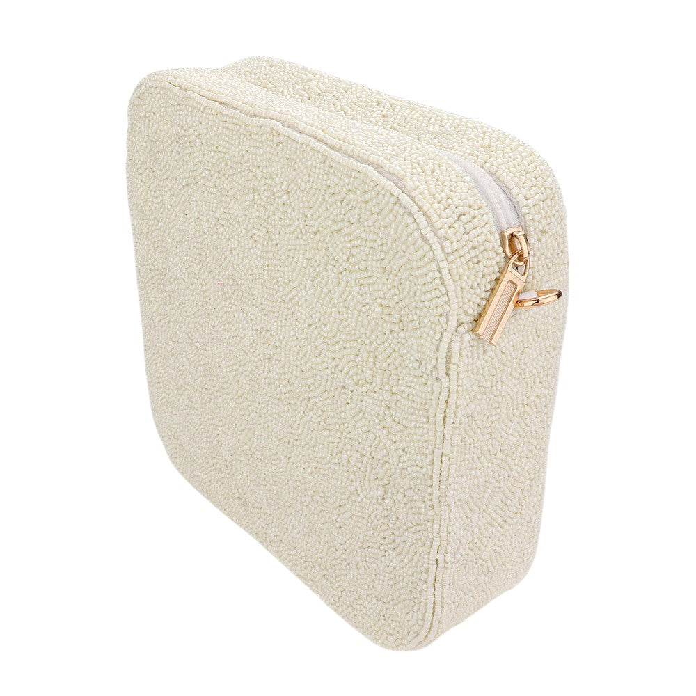 Heart Accented Seed Beaded Square Crossbody Bag