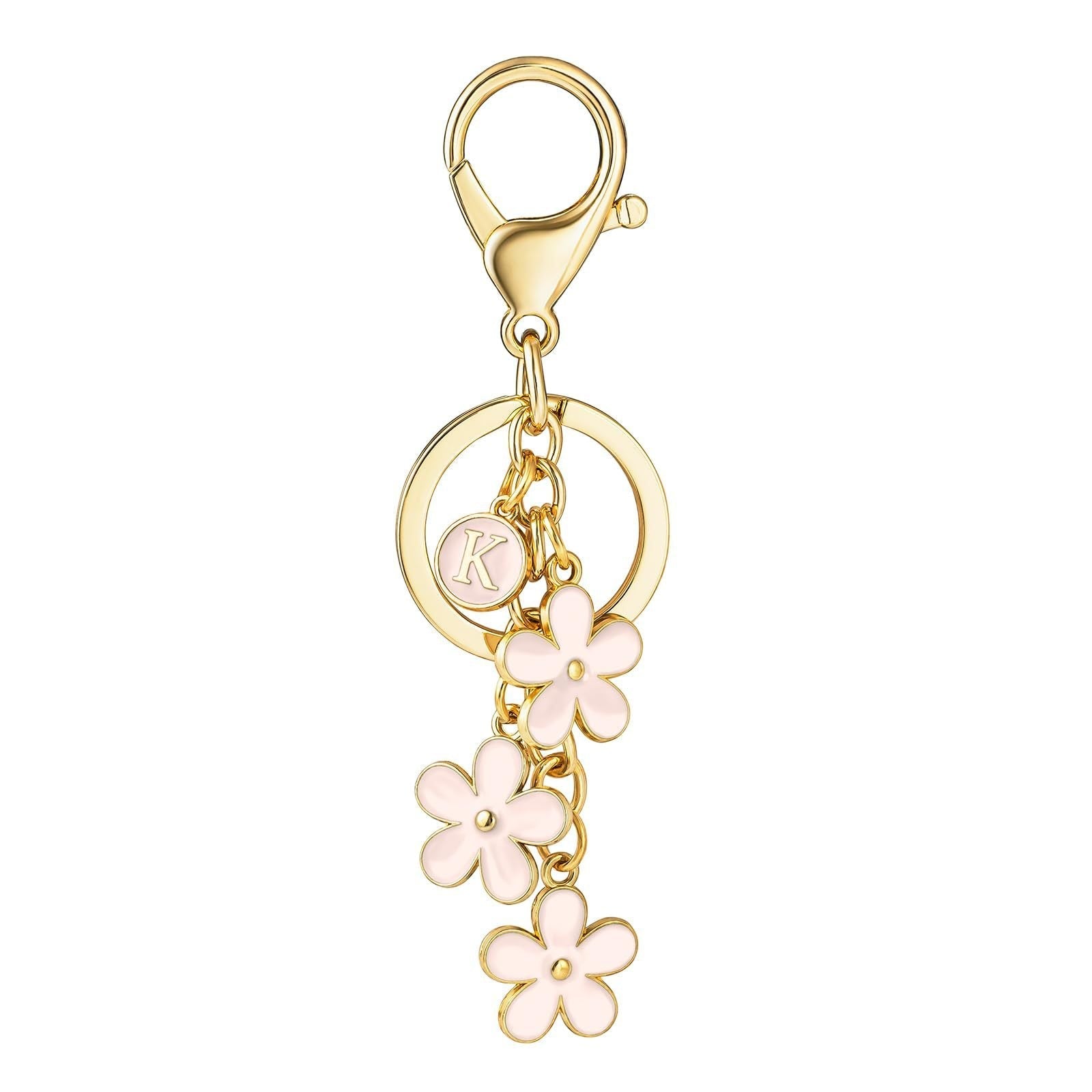 Initial Keychain White/Pink Flower Charms for Key Cute Letter Keyring Bag Charm 26 Letter Flower Cherry Blossom Daisy Keychain