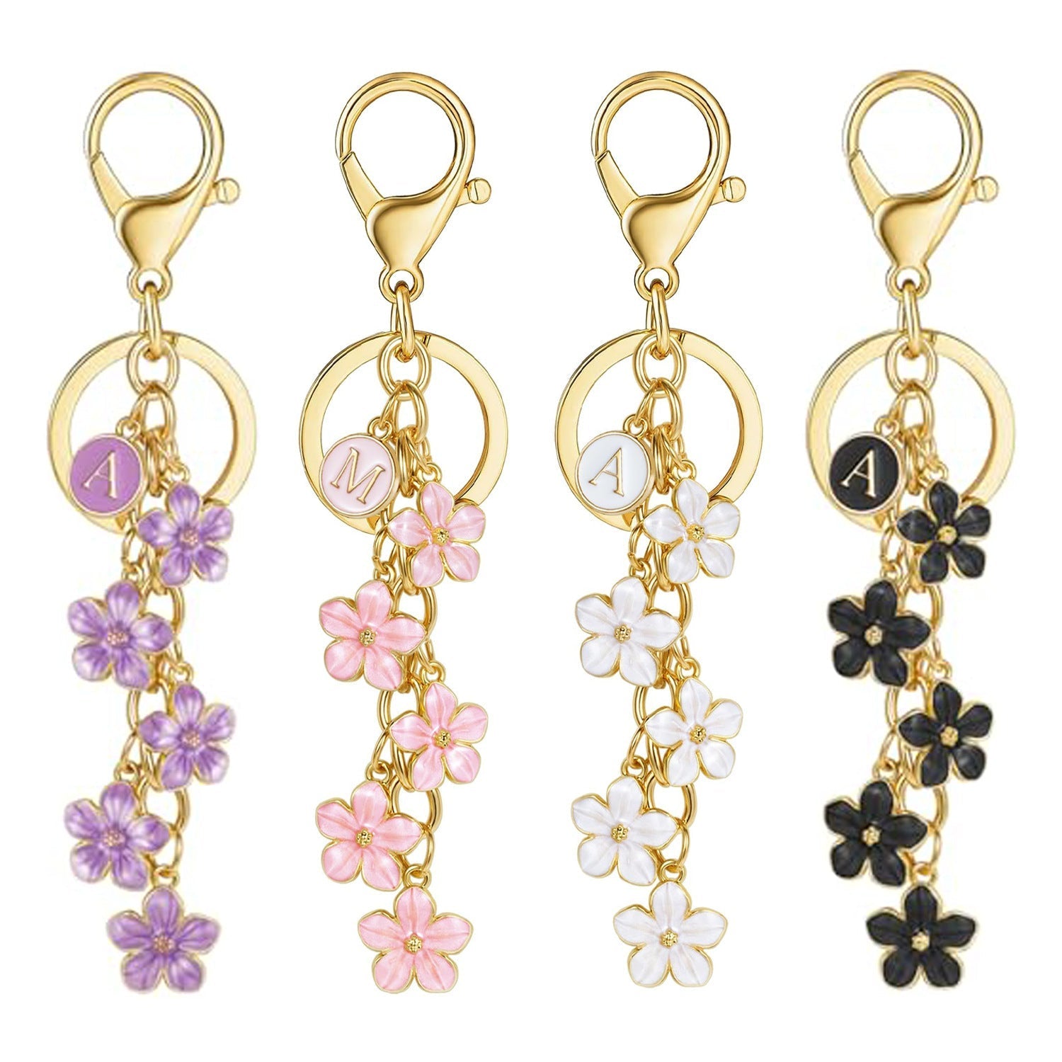 Initial Keychain White/Pink Flower Charms for Key Cute Letter Keyring Bag Charm 26 Letter Flower Cherry Blossom Daisy Keychain
