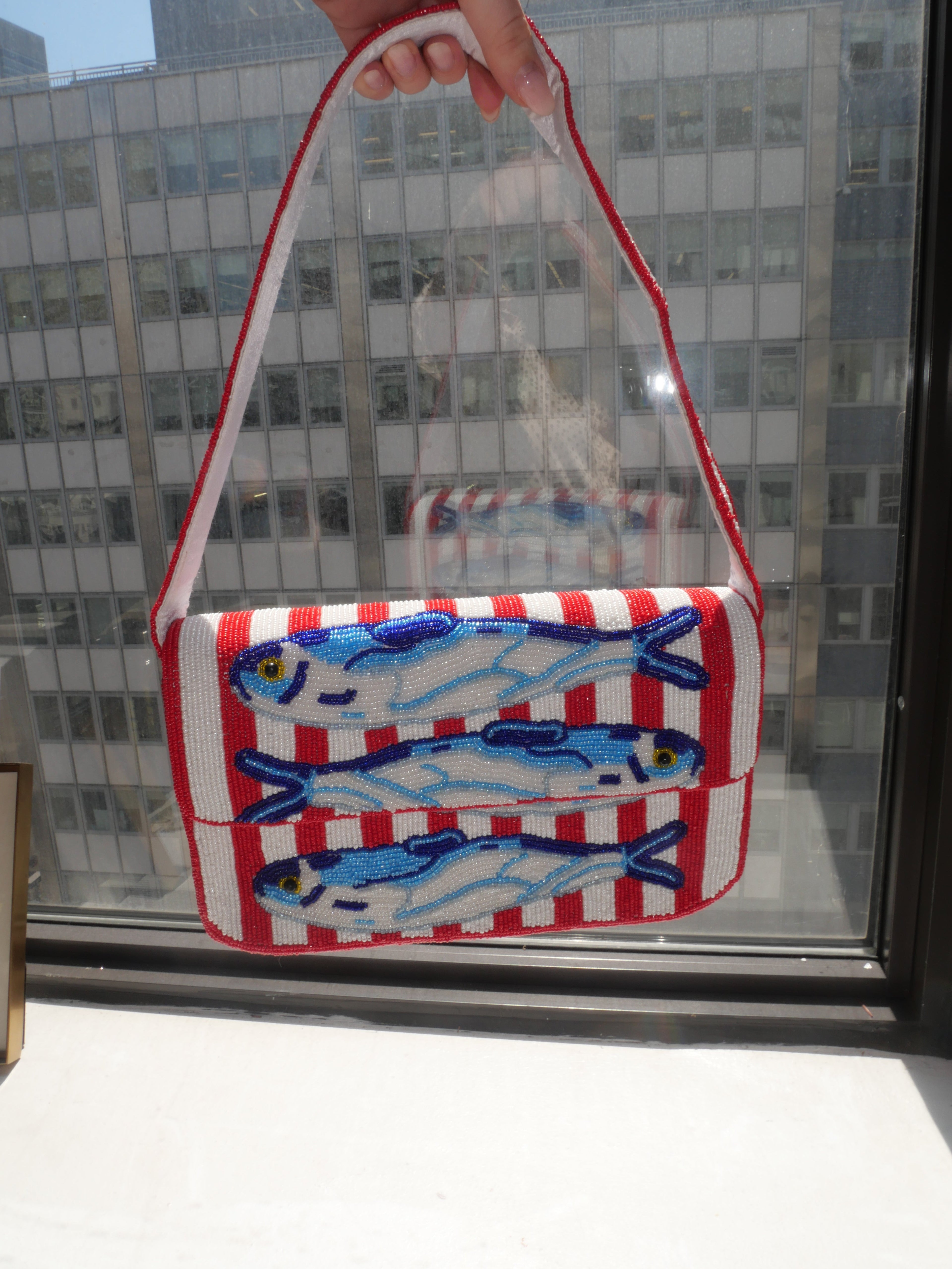 Beaded Red & White Stripe Sardine Shoulder Bag | Beaded Summer Shoulder Purse