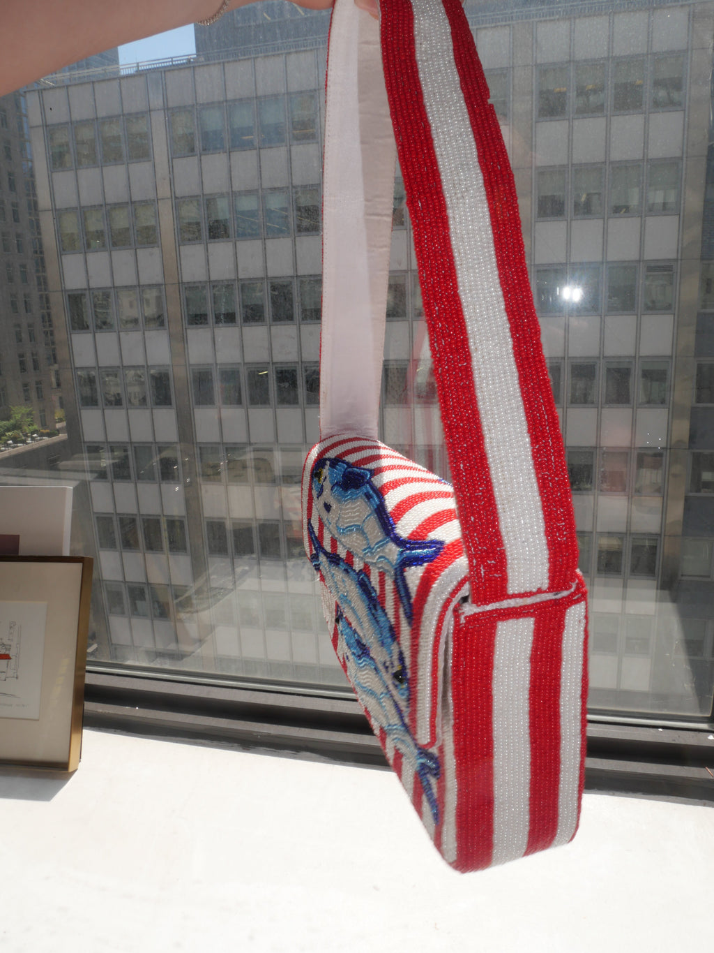 Beaded Red & White Stripe Sardine Shoulder Bag | Beaded Summer Shoulder Purse