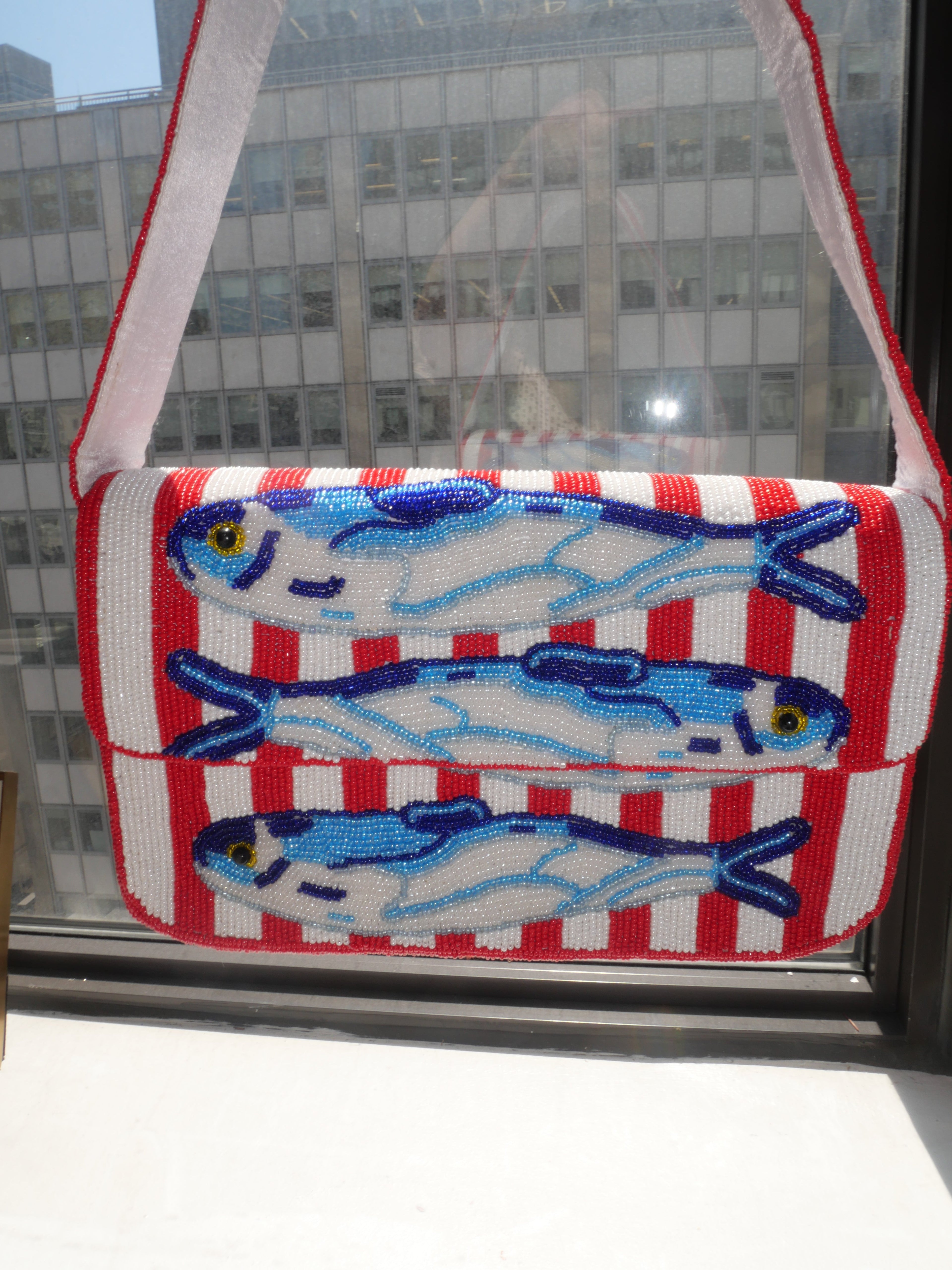 Beaded Red & White Stripe Sardine Shoulder Bag | Beaded Summer Shoulder Purse