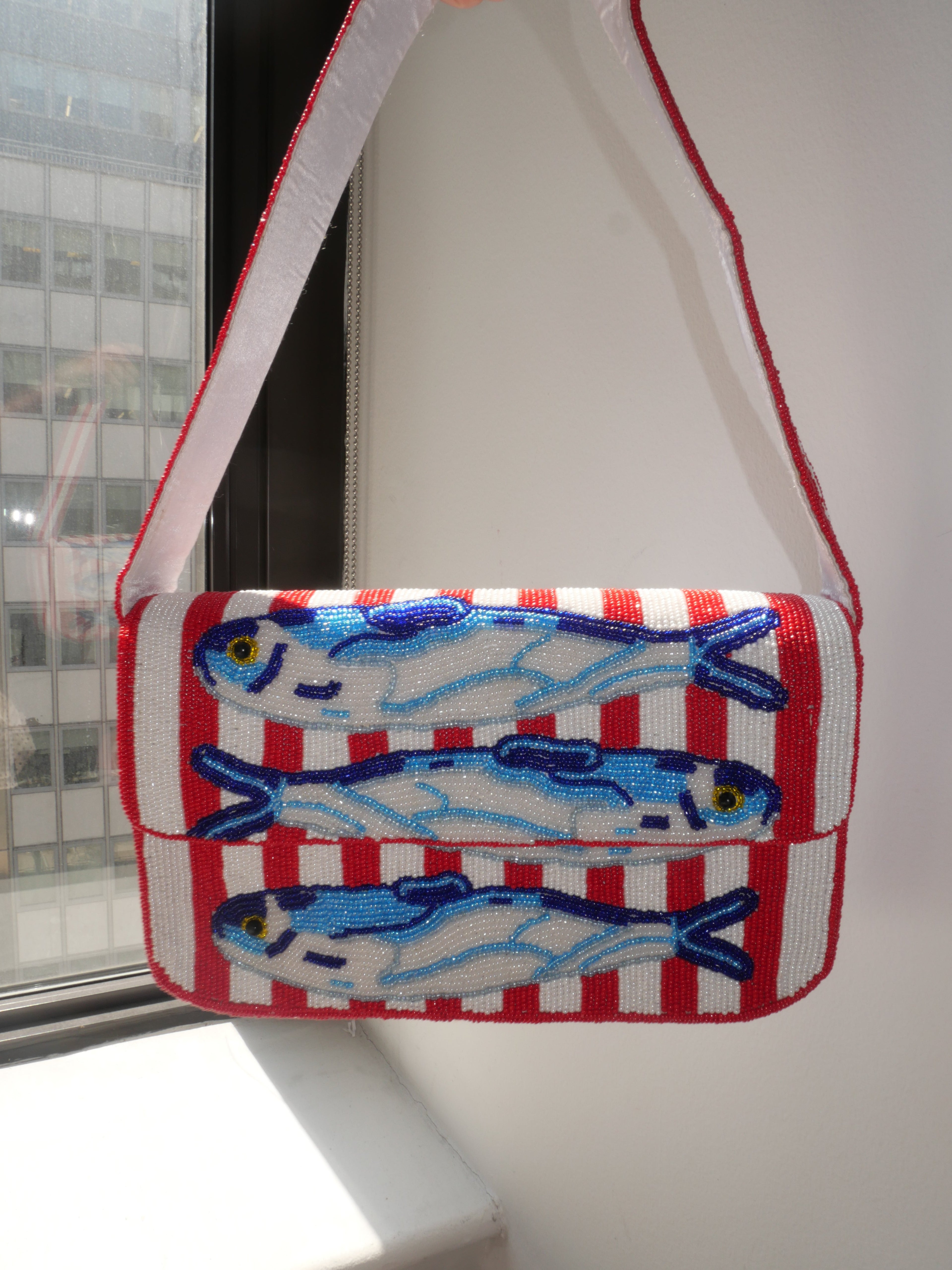 Beaded Red & White Stripe Sardine Shoulder Bag | Beaded Summer Shoulder Purse