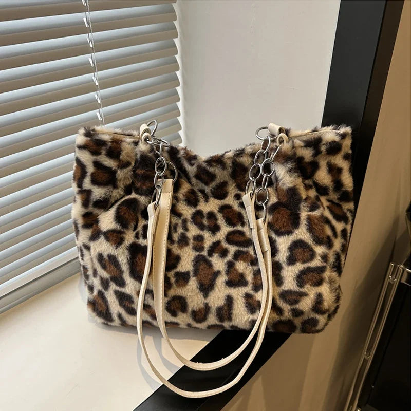 National Style Simple Women's Leopard Tote Bag | Lady Luxury Fluffy Shoulder Bag & Chain Large Capacity Commuter Handle Bag