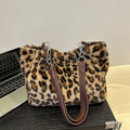 National Style Simple Women's Leopard Tote Bag | Lady Luxury Fluffy Shoulder Bag & Chain Large Capacity Commuter Handle Bag