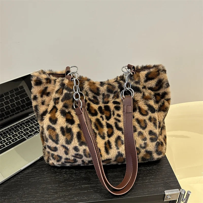 National Style Simple Women's Leopard Tote Bag | Lady Luxury Fluffy Shoulder Bag & Chain Large Capacity Commuter Handle Bag