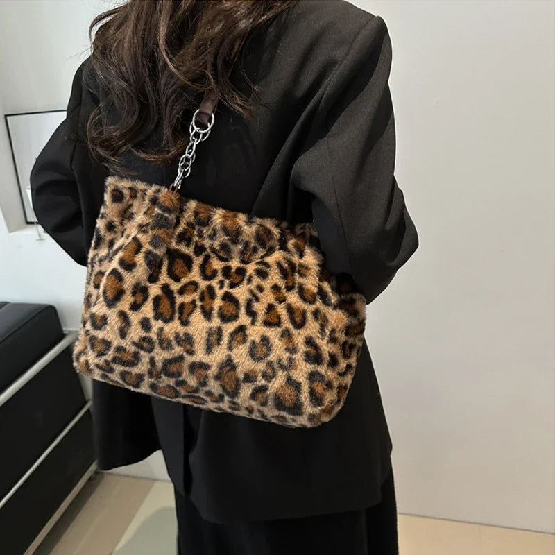 National Style Simple Women's Leopard Tote Bag | Lady Luxury Fluffy Shoulder Bag & Chain Large Capacity Commuter Handle Bag
