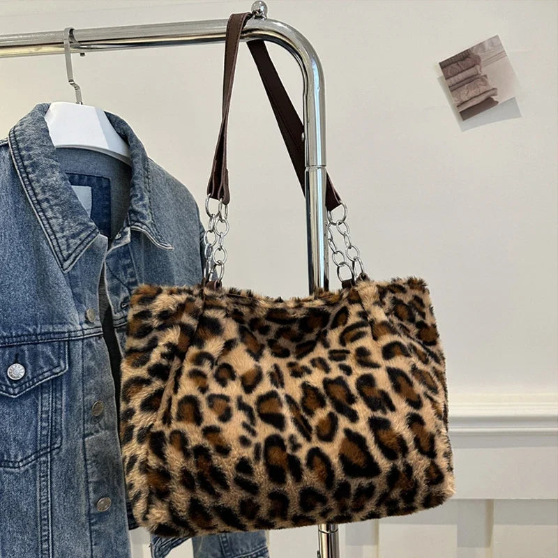 National Style Simple Women's Leopard Tote Bag | Lady Luxury Fluffy Shoulder Bag & Chain Large Capacity Commuter Handle Bag