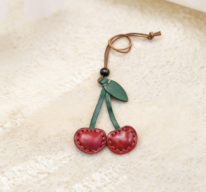 Hand-Stitched Cherry Leather Bag Charm