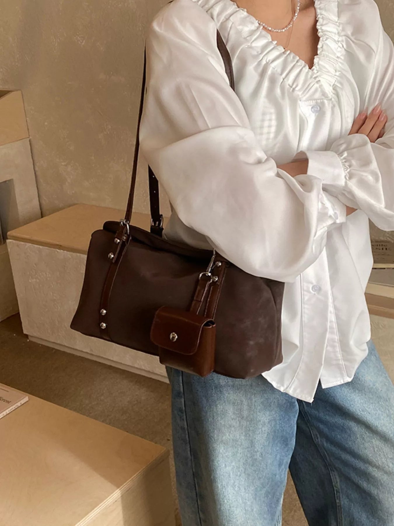 Leather Shoulder Bag with Detachable Pouch