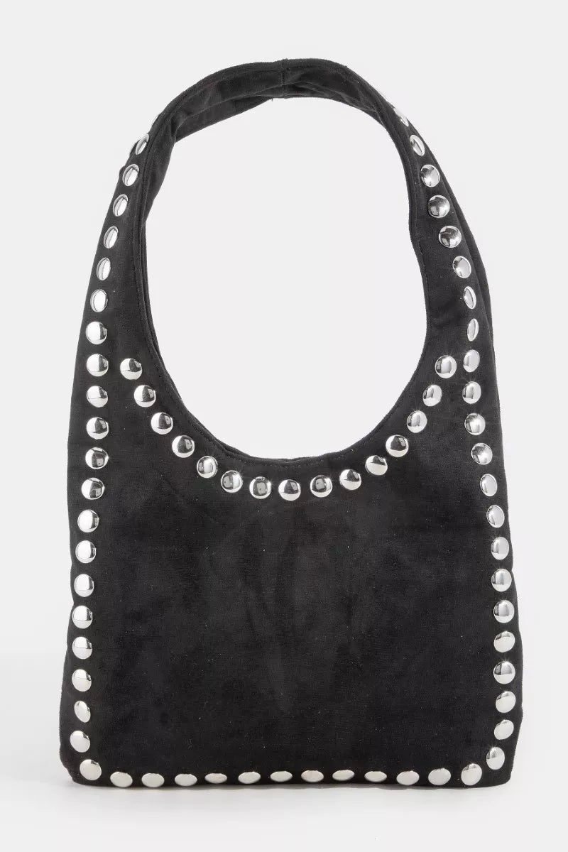 Fame Grommet Border Studded Suede Shoulder Bag