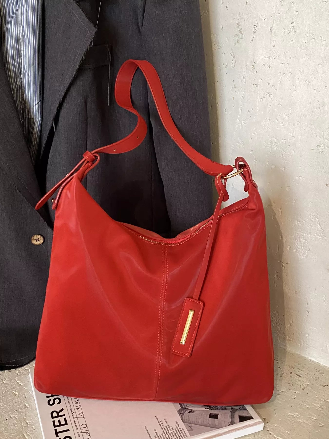 Solid Color Leather Shoulder Bag