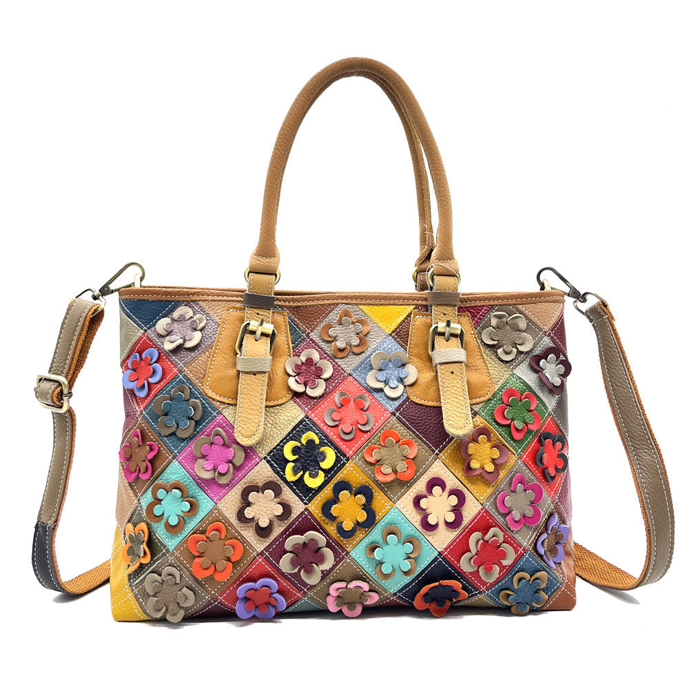 Womens Genuine Leather Casual Handbag With Hand-stitched Plum Blossom Patchwork