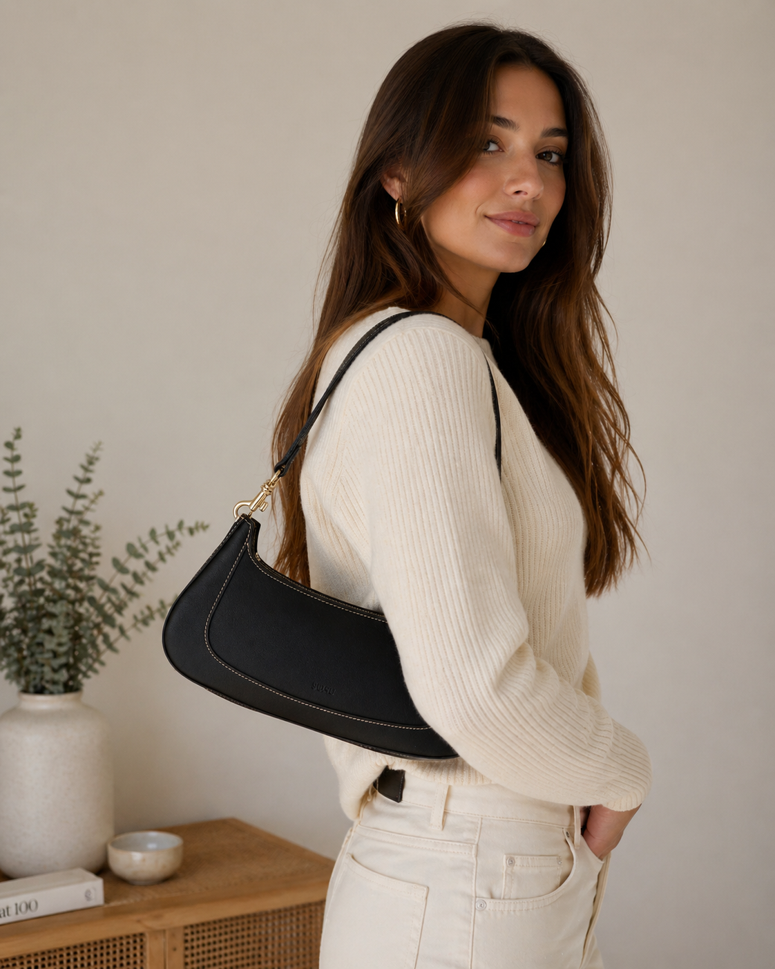 Leather Baguette Bag East West Black Purse