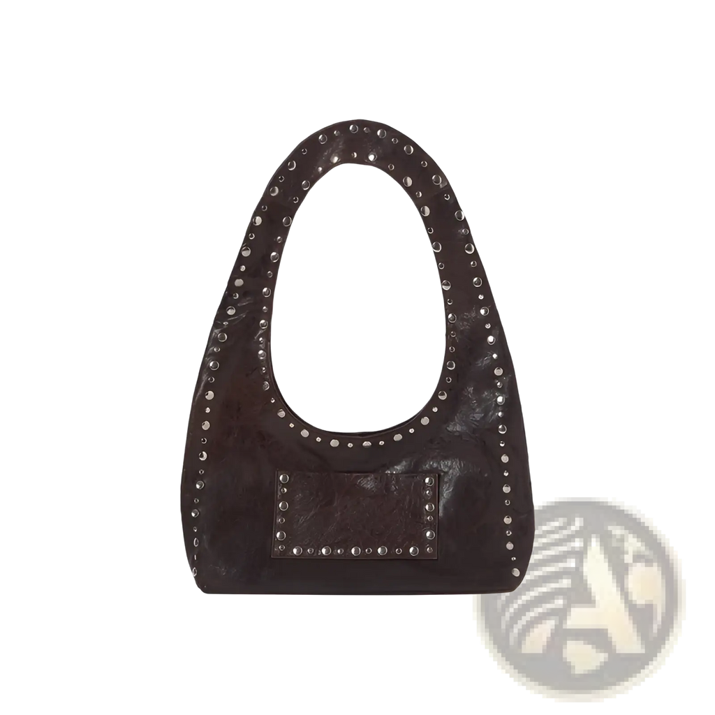 Brown Studded Leather Shoulder Bag Retro Hobo Purse