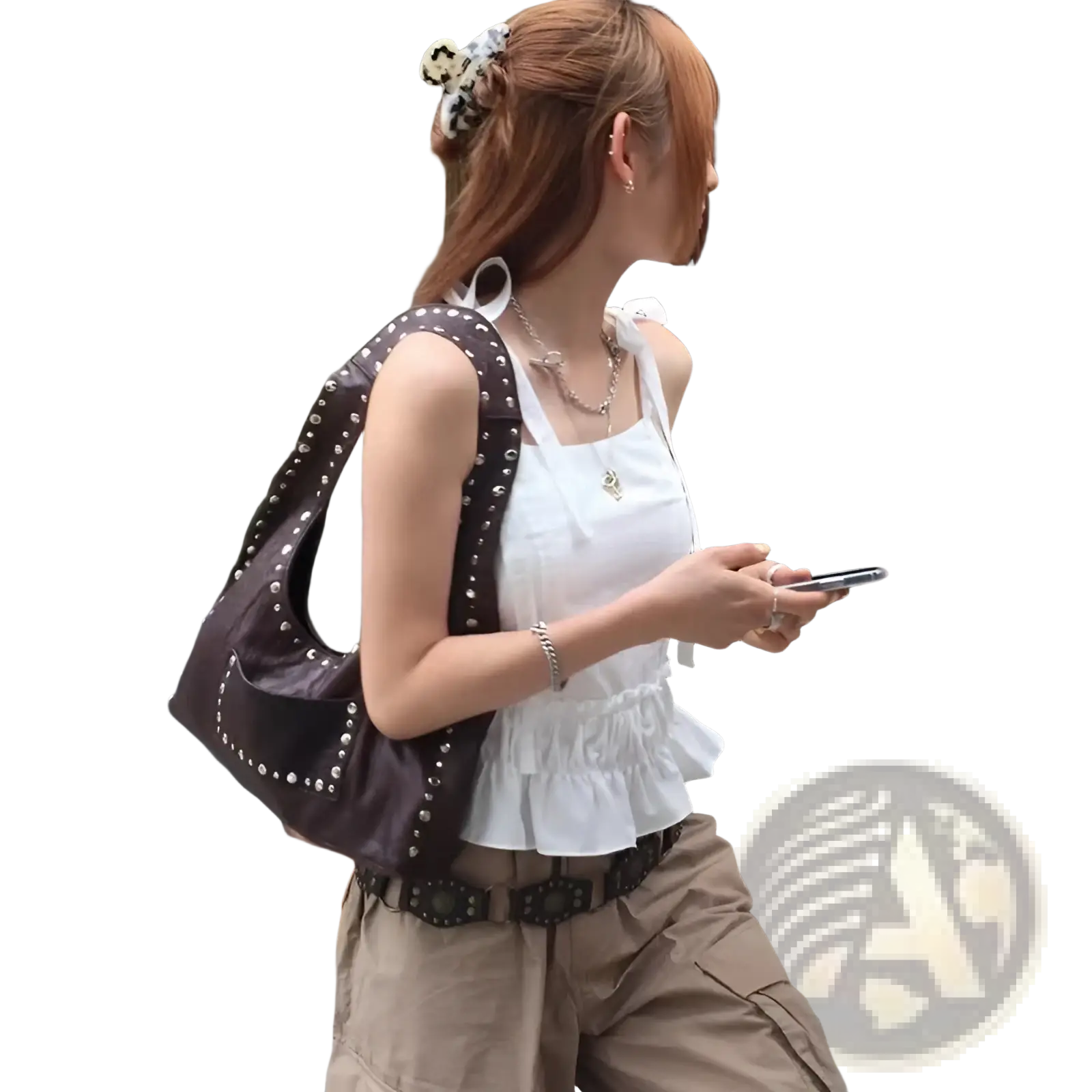 Brown Studded Leather Shoulder Bag Retro Hobo Purse