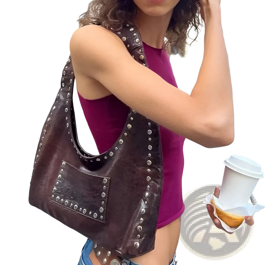 Brown Studded Leather Shoulder Bag Retro Hobo Purse